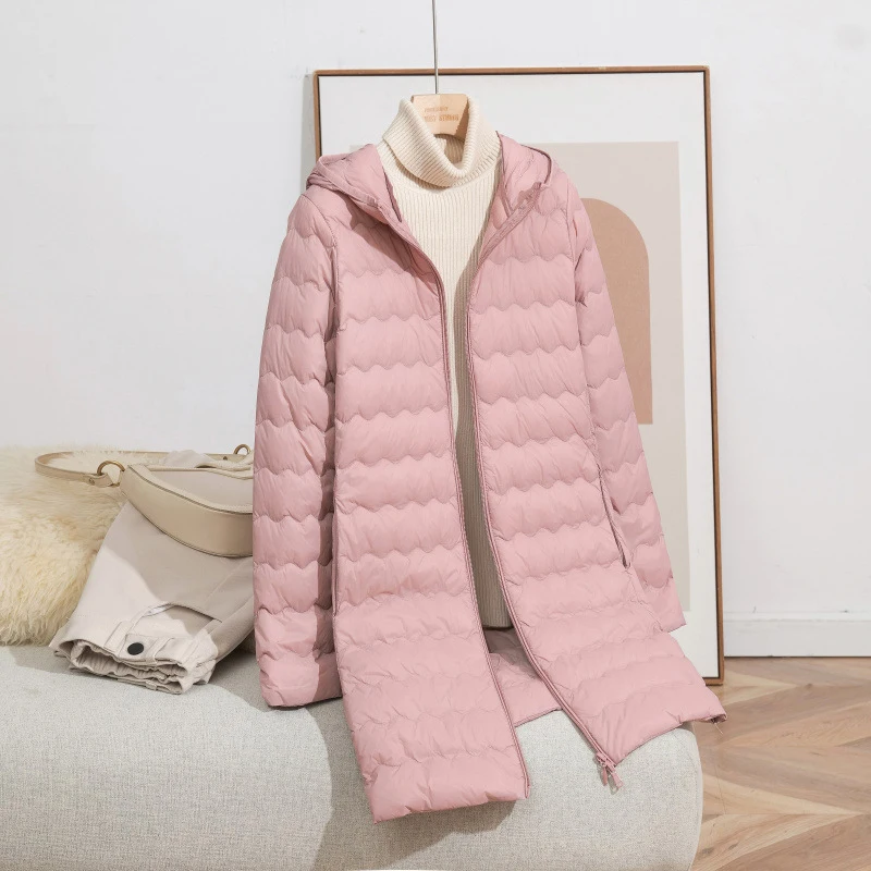 Schinteon Women's Lightweight 90% White Duck down Long Jacket with Hood Casual Autumn Winter High Qaulity Outwear Coat 2026 New