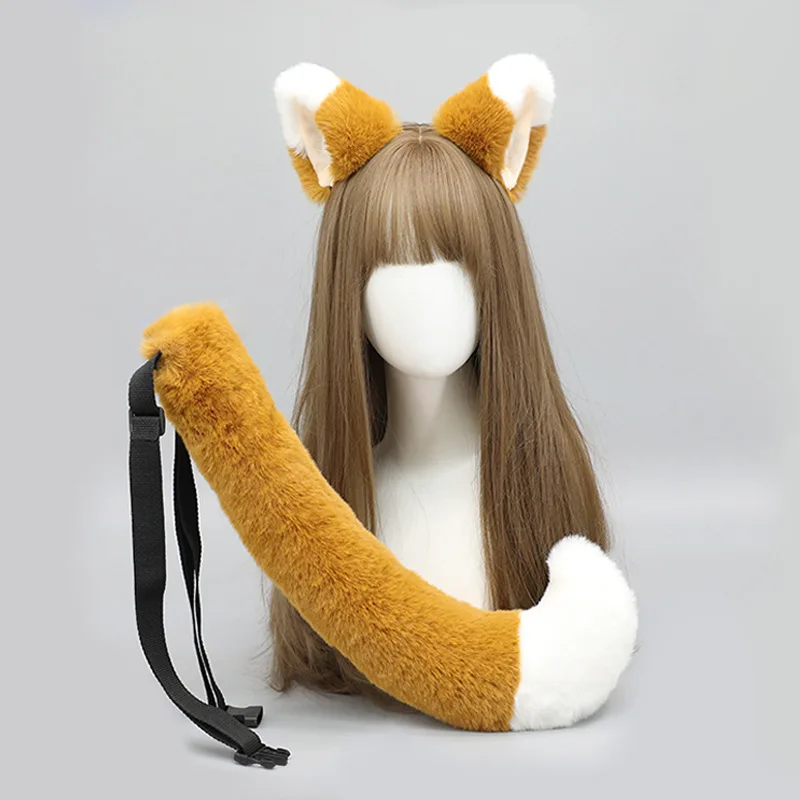 

2Pcs/set Plush Cat Fox Ear and Tail Lolita Girl Cosplay Furry Animal Ears Bendable Tail with Adjustable Belt Masquerade Party