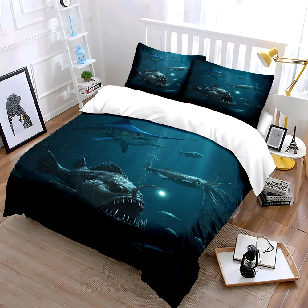 Deep sea predator diverse marine life Duvet Cover Set with 3D Printing Design Soft Polyester Bedding Set All-Season Comfort