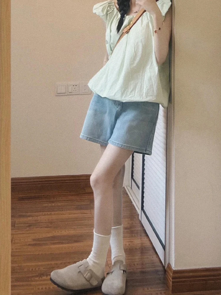 

Светло-голубые джинсовые orts Женские летние тонкие свободные утягивающие широкие шорты с высокой талией Повседневные брюки с эффектом выцветания