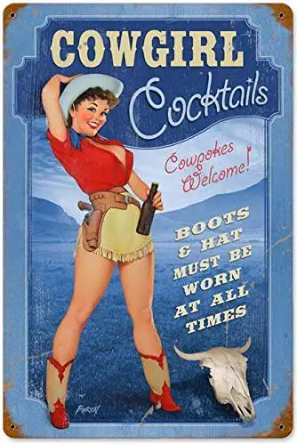 Vintage Metal Tin Sign Cowgirl Cocktails Pin Up Girl Garden Home Kitchen Bar Living Room Wall Decor Plaque Signs 12X8Inch