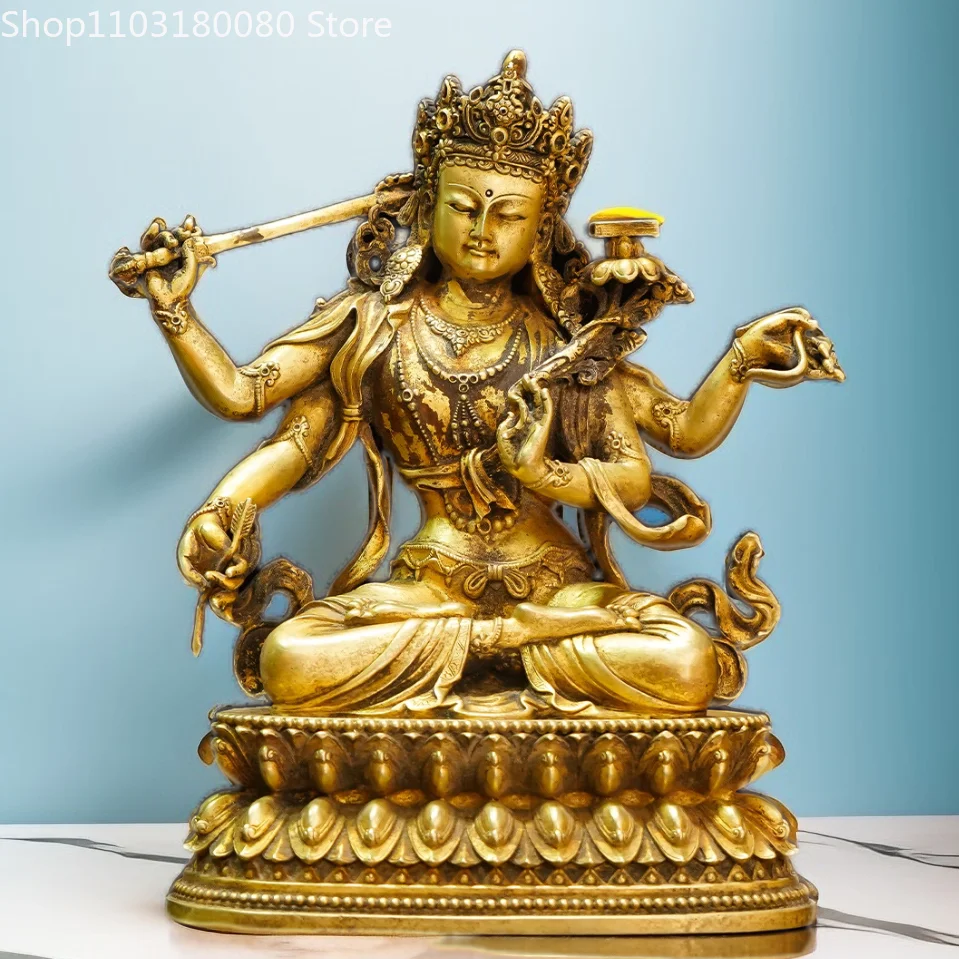 

22cm Copper Gilt Antique relief Four-arms Manjusri Bodhisattva Buddha statue Tibet sculpture