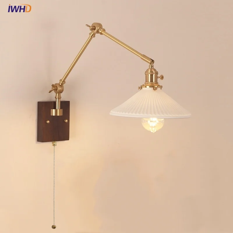 

IWHD 2 Arms LED Wall Lamp Sconce Bedroom Study Bar Walnut Wood Nordic Rotatable Ceramic Pull Chain Switch Stair Light Fixtures