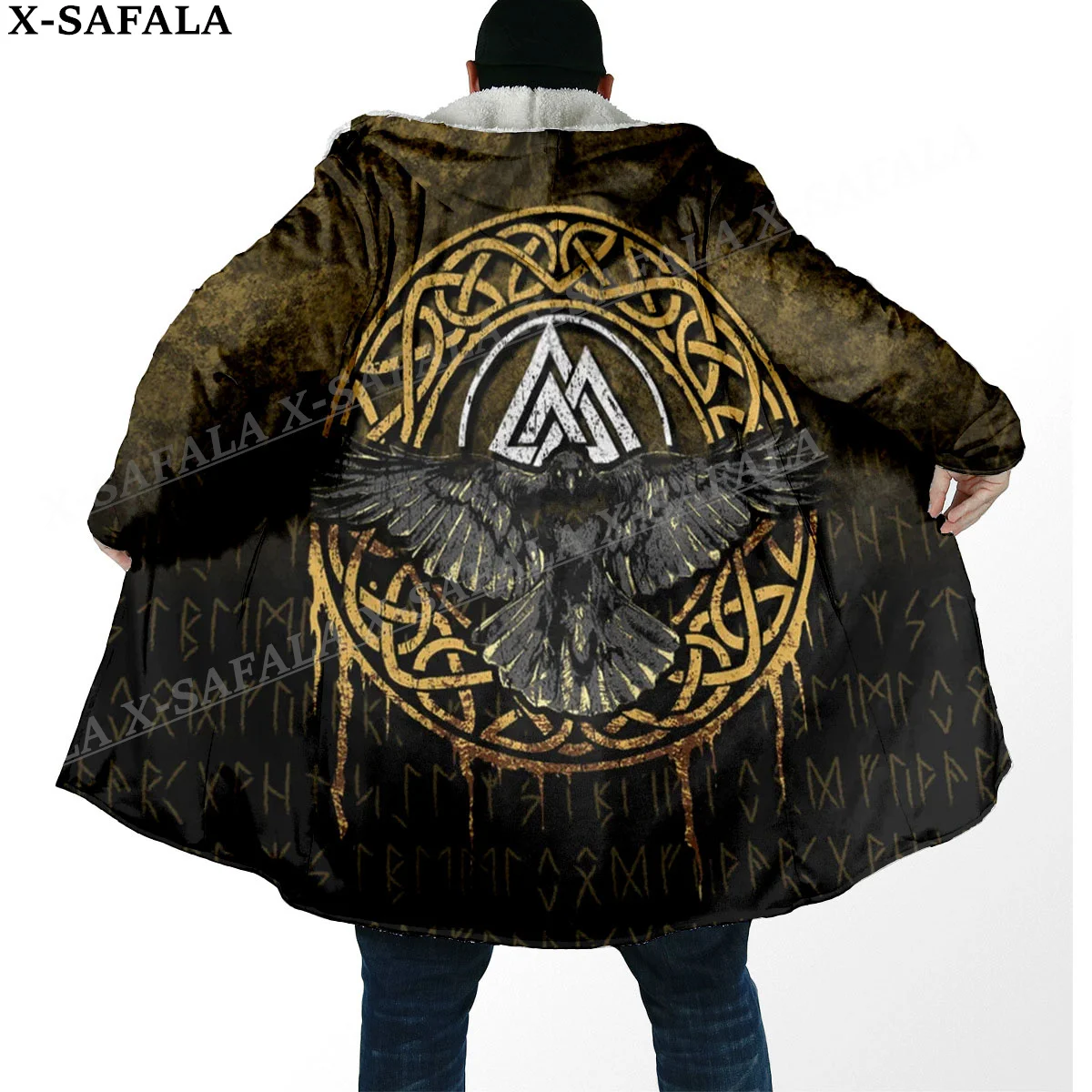 Norse Mythology Vegvisir Viking Symbol Thick Warm Hooded Cloak Men Overcoat Coat Windproof Fleece Cape Robe Hooded Blanket-50