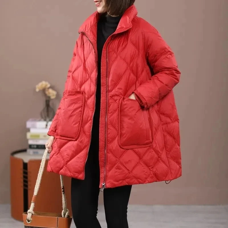 2023 Autumn and Winter New Korean Version Cotton-padded Clothes Loose and Simple Fashion Versatile Stand Collar Red Women's Coat