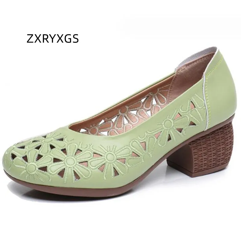 

ZXRYXGS Summer New Cowhide Perforated Embroidered Shoes Woman Fashion Sandals 2024 Round Toe Shallow Breathable Leather Sandals