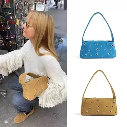 Luxury Designer Suede Handbag 2024 New Vintage Hollow out Rivet Tote Bags Crescent Underarm Bag Solid Color Trendy Shoulder Bag