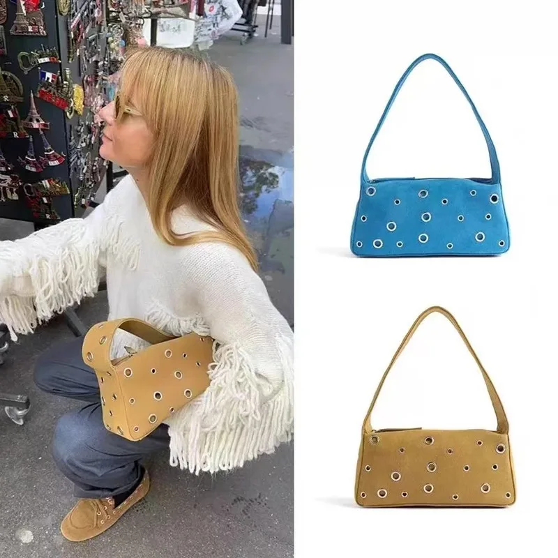 Luxury Designer Suede Handbag 2024 New Vintage Hollow out Rivet Tote Bags Crescent Underarm Bag Solid Color Trendy Shoulder Bag