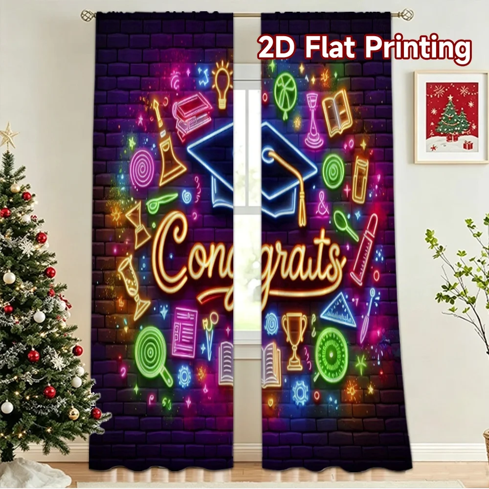2D flat 2pcs Curtain Modern Minimalist Style Graduation Congrats Durable polyester fiber Festive Holiday Use for Photo Booths &