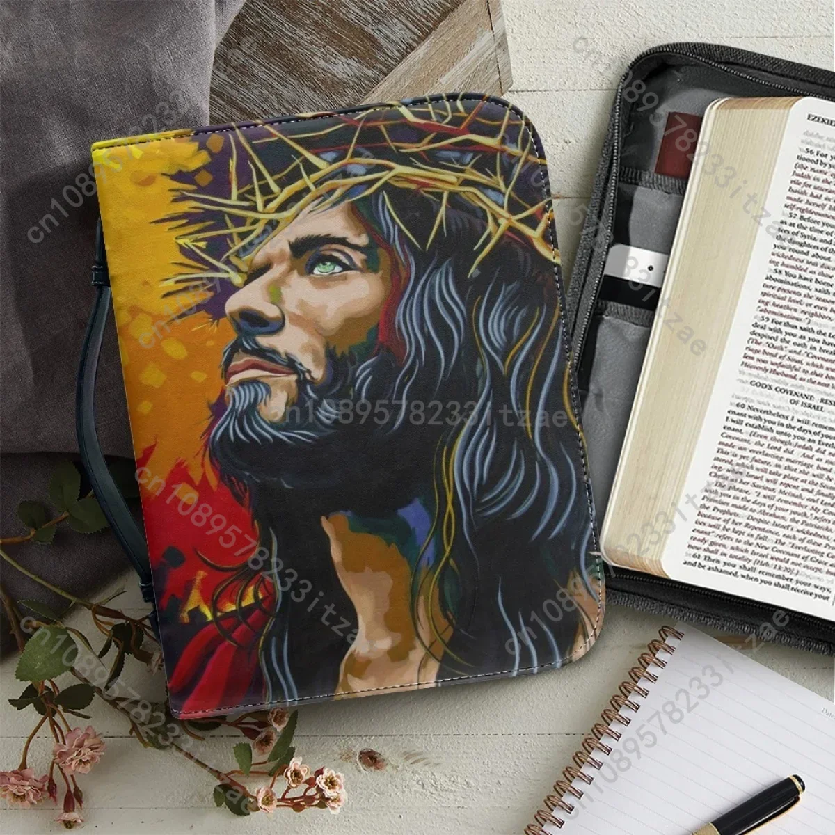 

Leather Bible Bag for Women Zippered Handle Handbags Christian Jesus Pattern Print Bible Cover Case Practical Bible Storage Bags