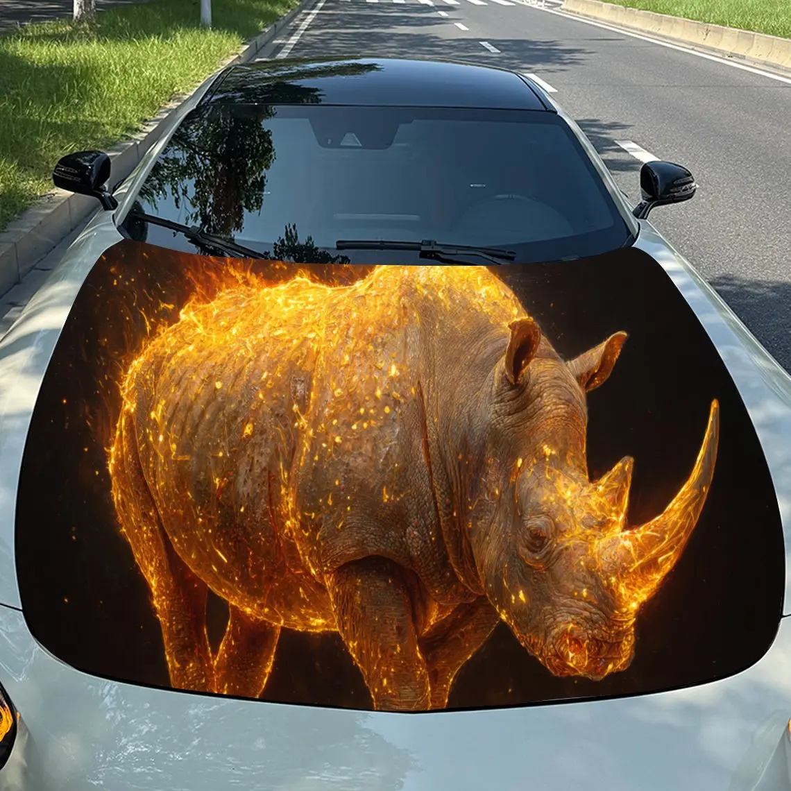 

Виниловая пленка для автомобиля Golden Flame Fire Rhino, водонепроницаемая наклейка на капот автомобиля из ПВХ, самоклеящиеся устойчивые к царапинам наклейки для двигателя Cov