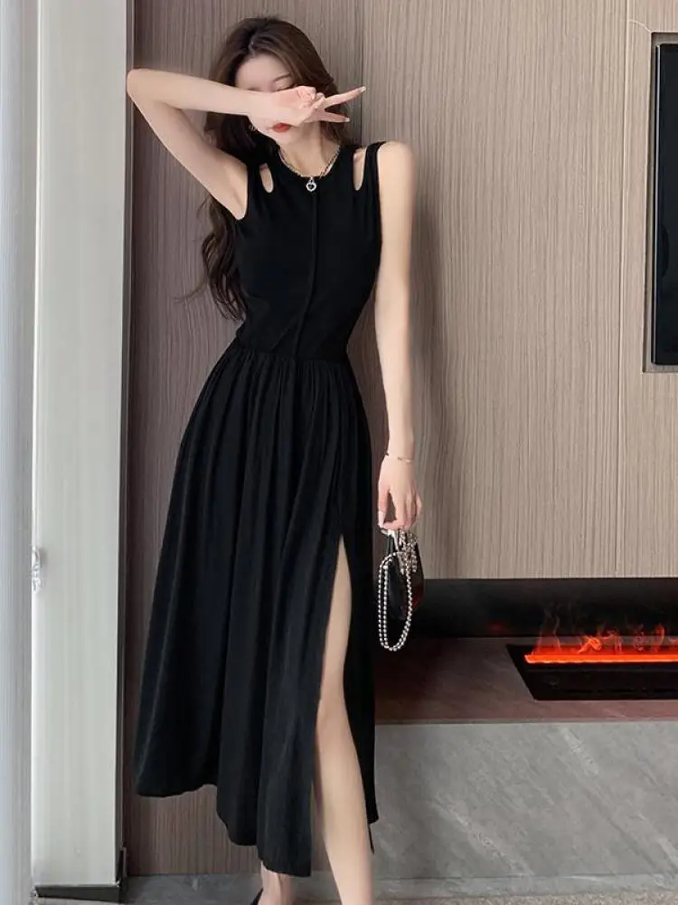 Zwart Elegant Vest Split Jurken Zomer Mouwloze Kleding Voor Vrouwen Vakantie Strandavond Feestjurk Vestidos Dames Mode