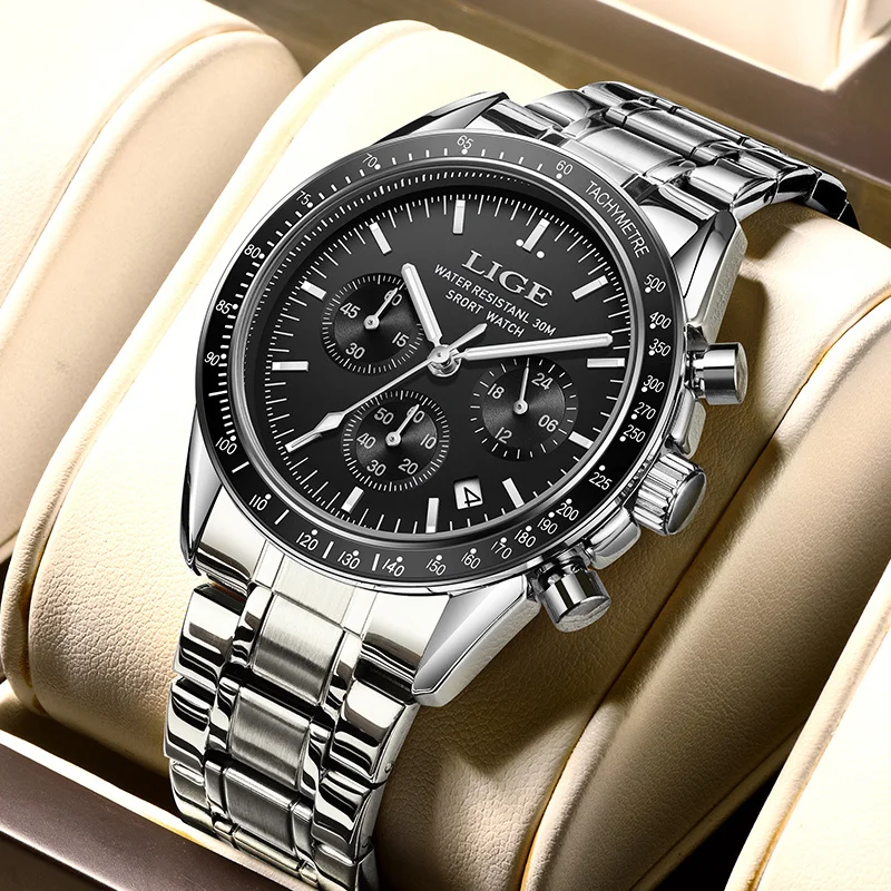

Мужские часы LIGE, модные деловые кварцевые наручные часы, водостойкий хронограф из нержавеющей стали, светящиеся часы с автоматической датой для мужчин