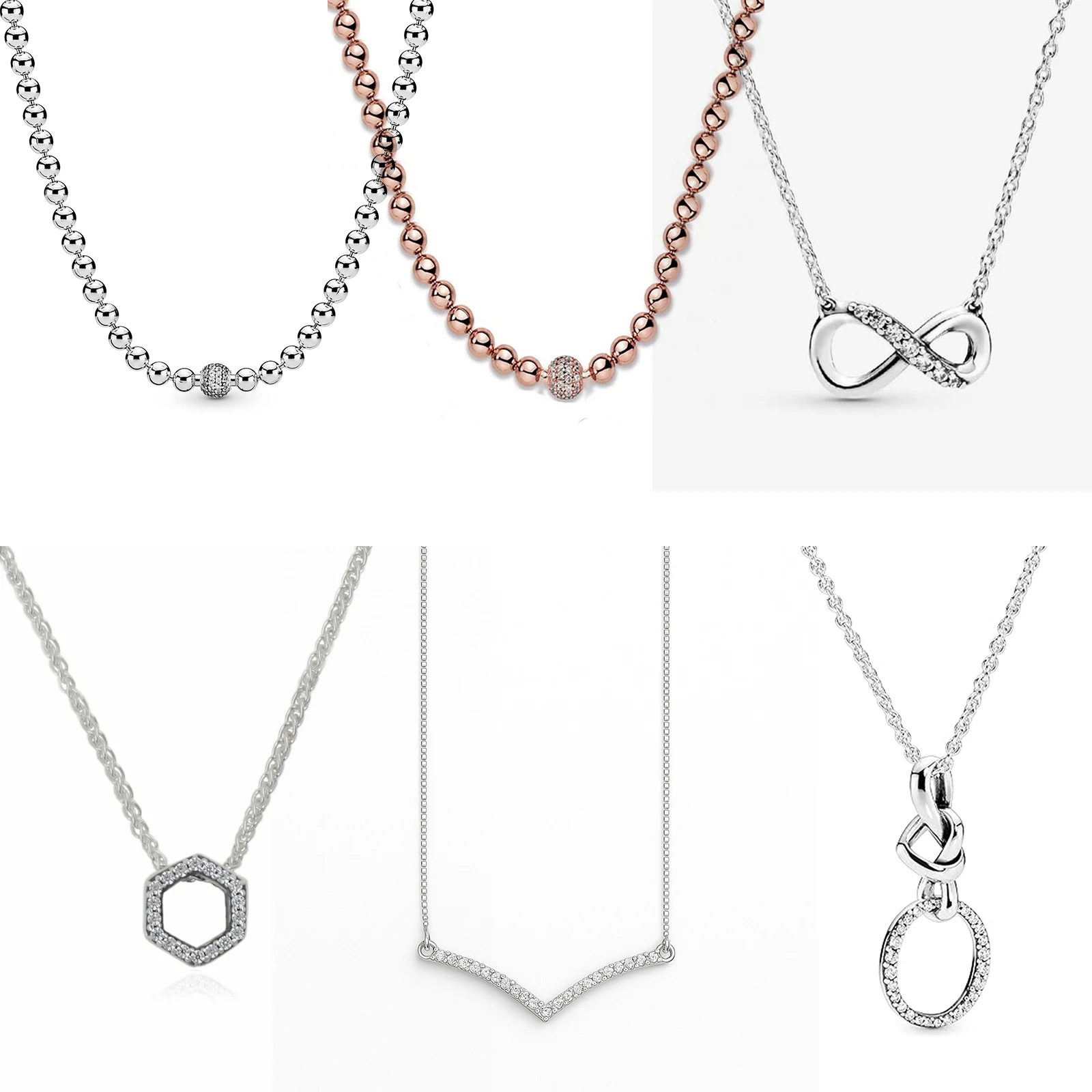Collar de Plata de Ley 925 de Disney con Cuentas, Collar Infinito, Collar Hexagonal de Panal, Collares con Nudos de Corazón