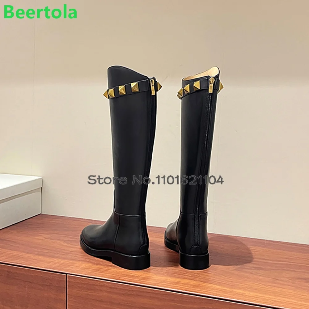 Black Rivet Long Luxury Boots For Female 2024 Leather Fabric Flat With Round Toe Back Zipper Fashion Elegant Winter Shoes