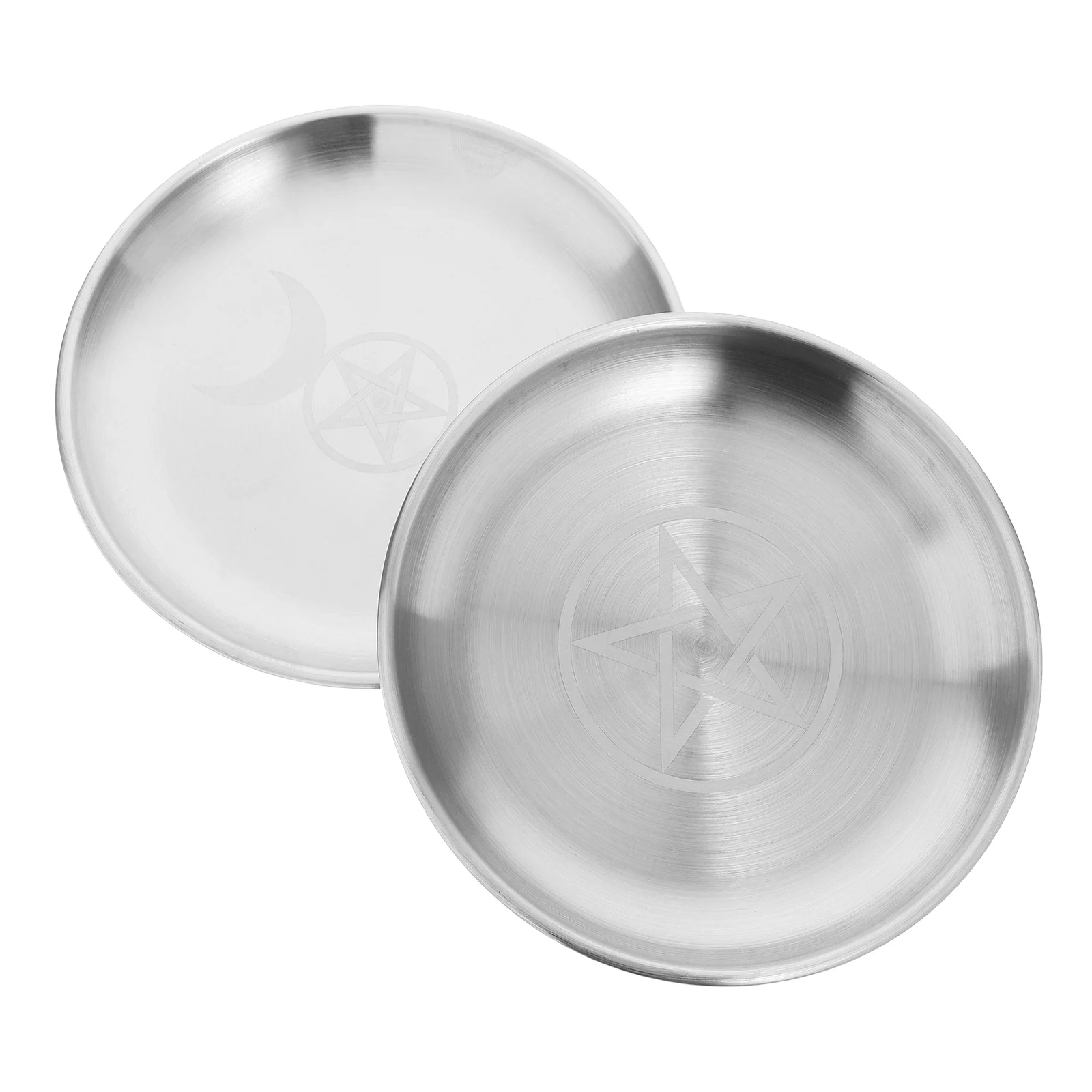 

2Pcs Pentagram Silver Ritual Tray Iron Flat Bowl Metal Jewelry Dish Prayer Offering Plate Ring Trinket Holder