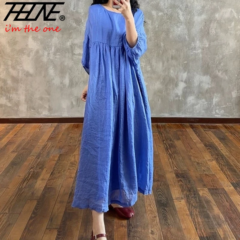 

Платья THHONE для женщин 2026: Элегантные базовые модели с рукавами-фонариками, круглым вырезом, из хлопка и льна, свободного кроя, в богемном стиле, однотонные, Vestido Feminino