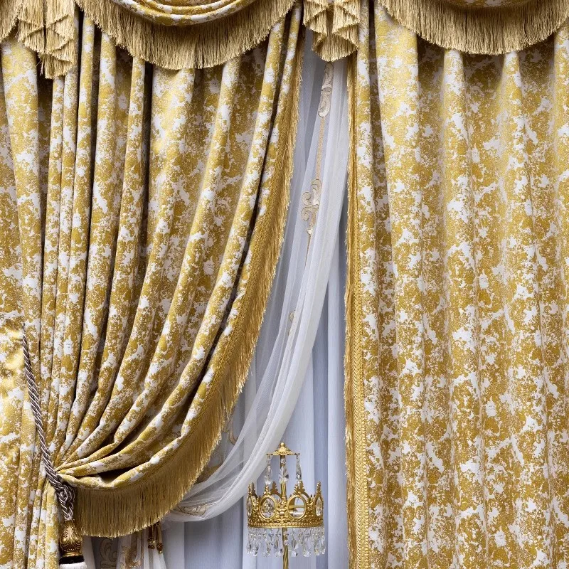 High End Custom Luxury Golden Velvet Chenille Curtains for Living Room Bedroom and Villa French American European Chic Drapes