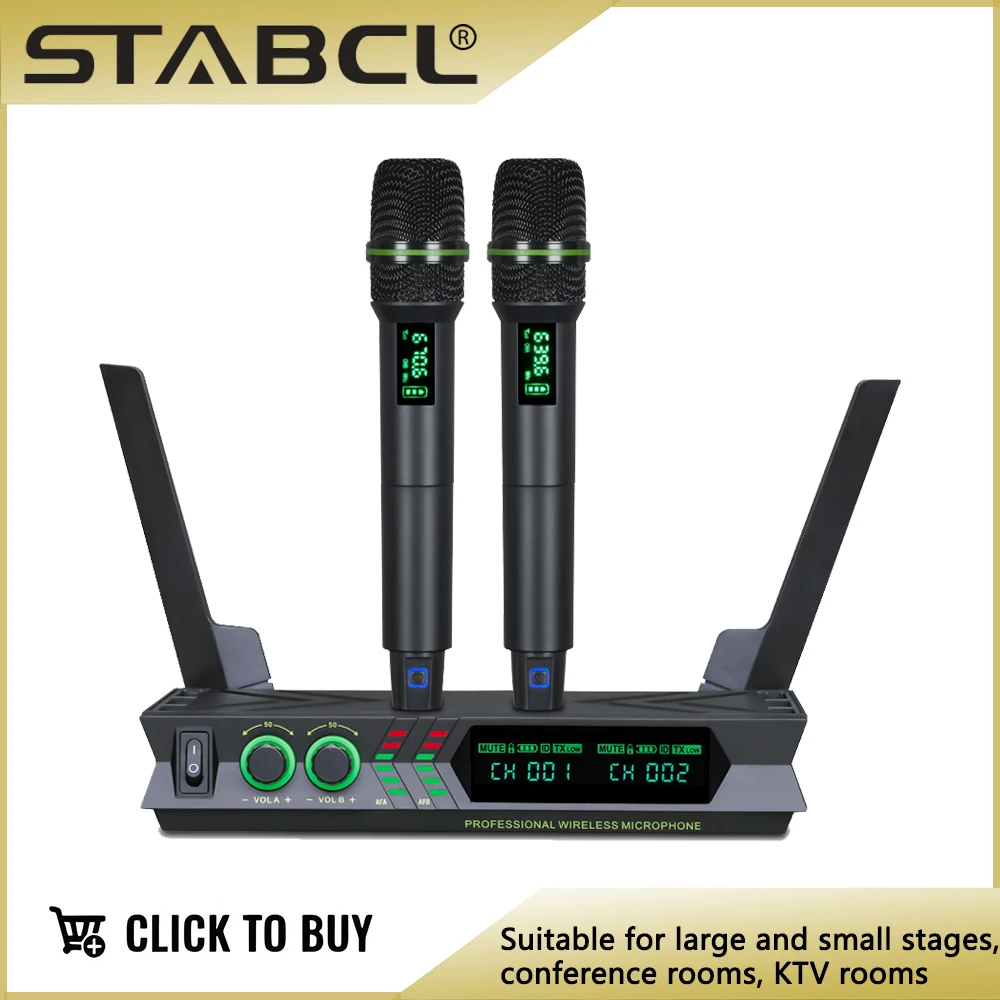 STABCL Wireless Microphone UHF Two Channels Profressional For Party Karaoke Church Show Meeting