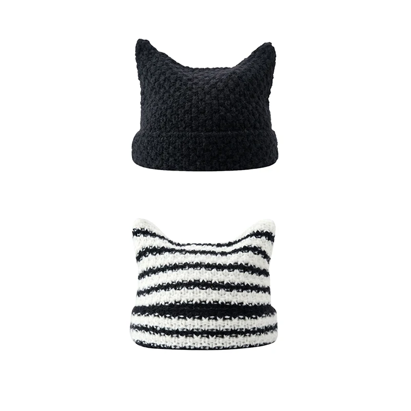 Cute Cat Ear Beanie Crochet Hats For Women Girl Knitted Y2K Striped Winter Warm Loose Fit Handmade HipHop Stylish Skullies Cap