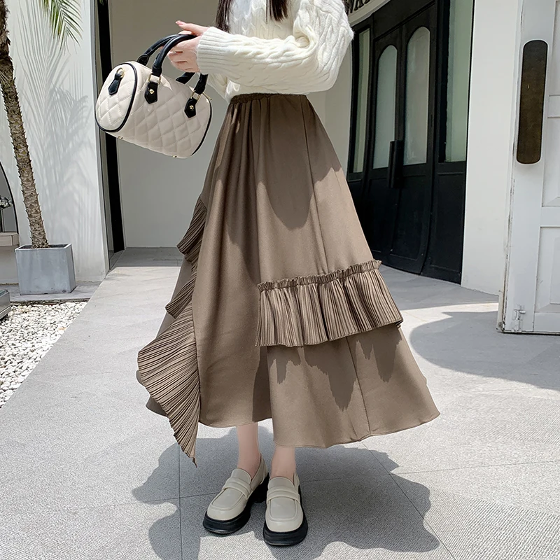 

2024 New Spring Autumn Women High Waist Slim Long Skirt High Quality Sweet Pleated Ruffles Patchwork Big Hem A-Line Skirt