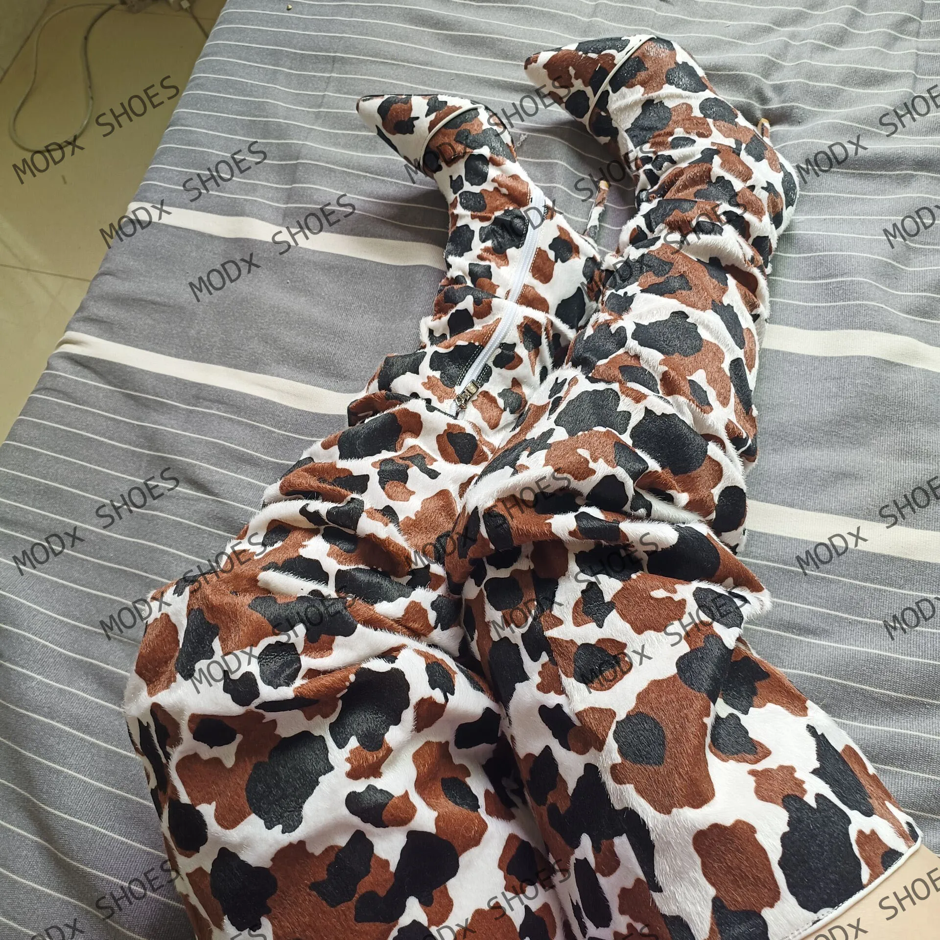 2025 Western Style Horse Hair Cowboy Long Boots Women High Thin Heels Cow Pattern Shoes Pointed Top Over The Knee Booties 44