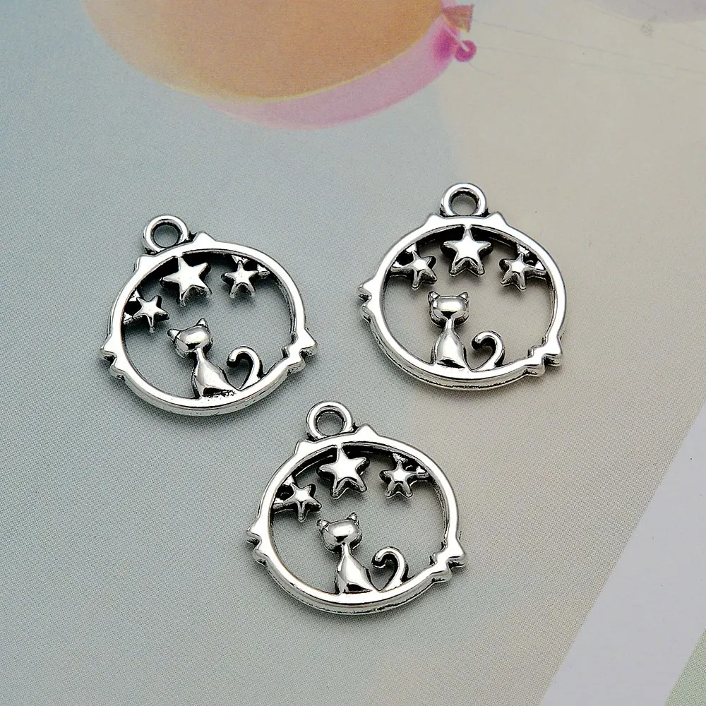 

20pcs/Lots 17x17mm Vintage Cute Cat Stars Night Charms Halloween Pendant For DIY Earring Jewelry Making Supplies Accessories