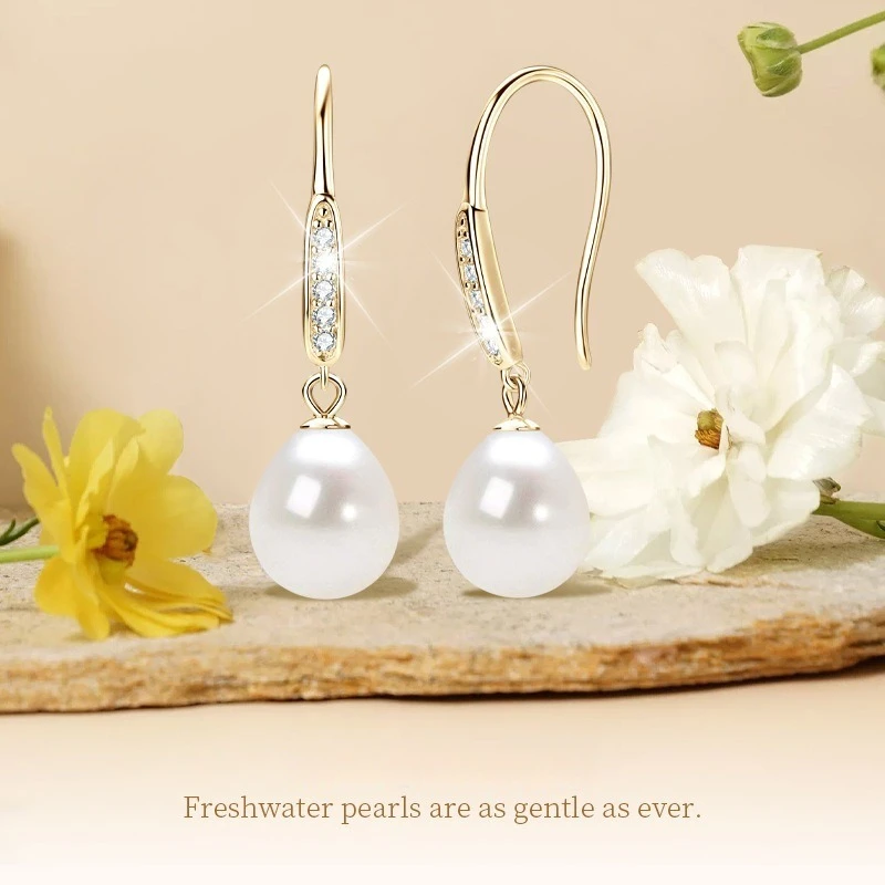 Boucles d'Oreilles en Moissanite Plaqué Or, Bijoux en Perles d'Eau Douce, Cadeau pour Femme