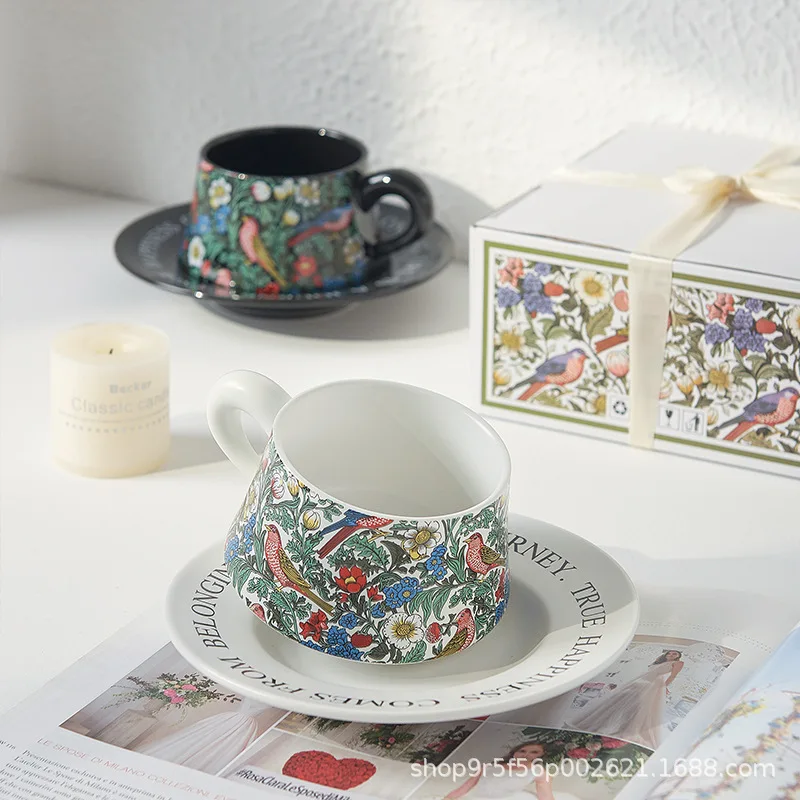 

Hand-Drawn Retro Flower Bird Tea Cup With Saucer Ceramic Coffee Mug Prefer Present With Gift Box For Kitchen Breakfast Drink