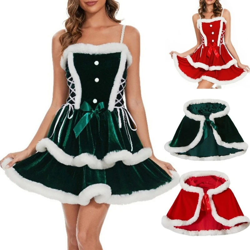 

Womens Christmas Party Velvets Swing Short Dress and Hooded Cloak Cape Holiday Role Playing Santa Dress