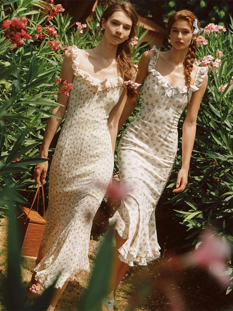 78-101cm Bust Spring Autumn Maxi Dresses Women's French Elegant Floral High-Waisted Slimming Mermaid Dress for Vacation and Work