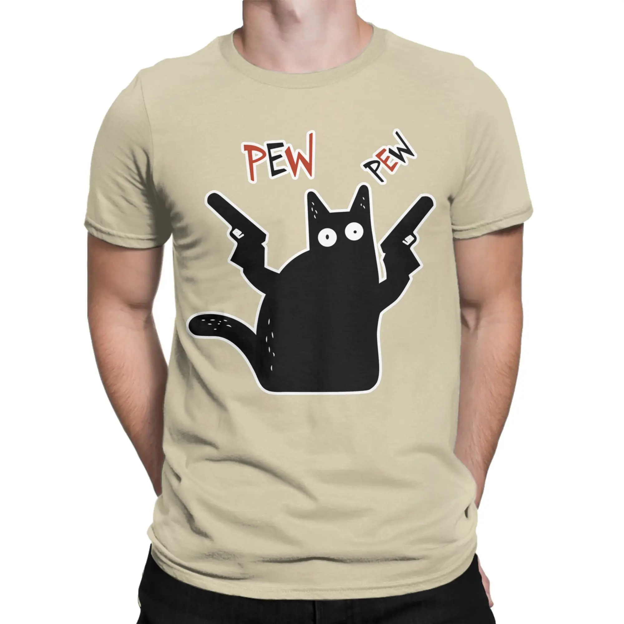 Funny Cat Pew Pew Meme Gun Cat Gift T-Shirt Men Crewneck 100% Cotton T Shirts Cute Fun Short Sleeve Tees Printed Clothes