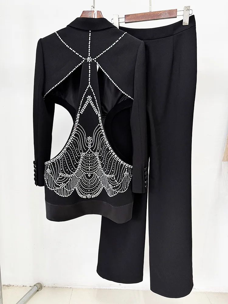 HIGH STREET Newest 2024 Designer Suit Women Beaded Diamonds Hollow Out Single Button Jacket Pants Set 2PCS