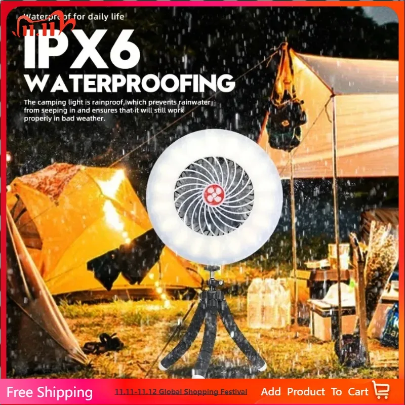 Ventilateur de Camping solaire multifonctionnel, 2400mAh, chargeur USB, ventilateur de plafond électrique Portable sans fil avec batterie externe, lumière LED