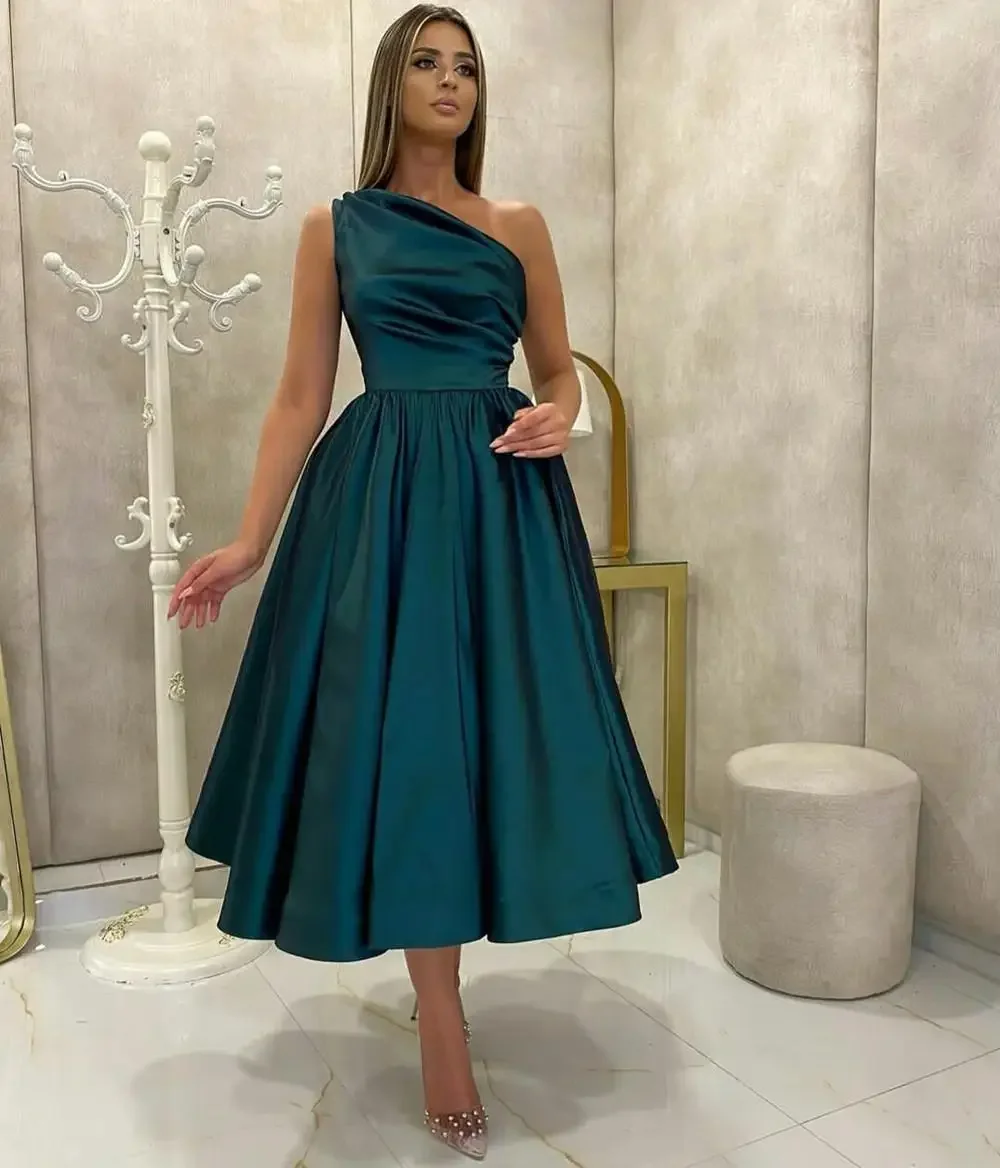 Simple But Elegant Satin Prom Dresses One Shoulder Tea Length Short A-Line Evening Dress Party Gowns Robe De Soirée De Mariage