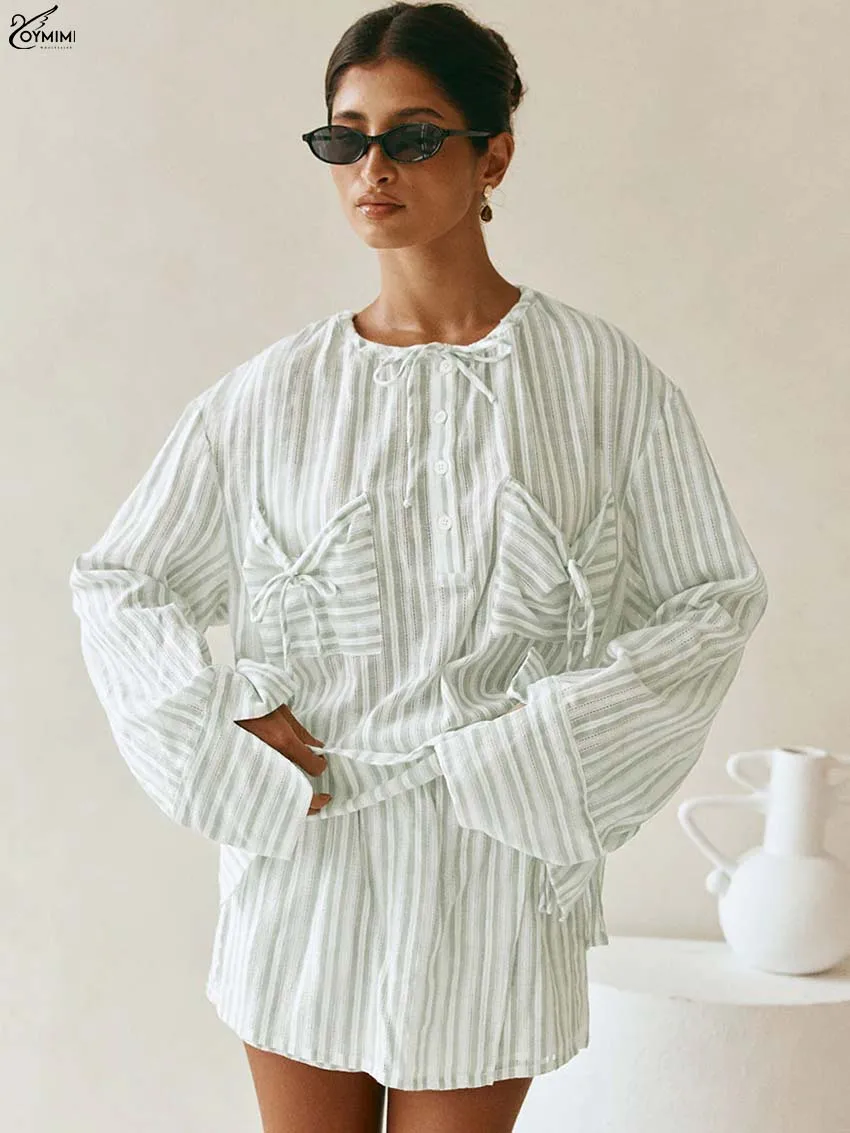 

Oymimi модные зеленые хлопковые платья 2025 женские элегантные рубашки с длинными рукавами на шнуровке и карманами на пуговицах и лоскутные шорты женский комплект