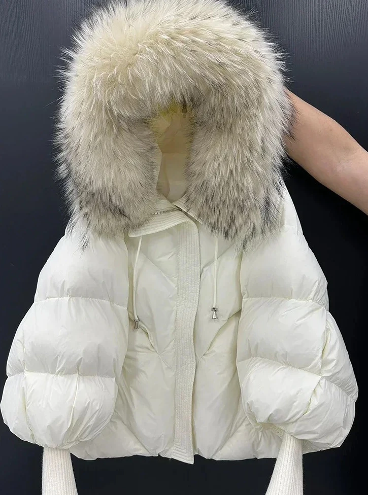 

Jacket Parka Down Coat New Winter Large Real Fur Hooded Puffer Jacket Women Thick Fox Fur Warm Knitted Sleeve White Duck Down
