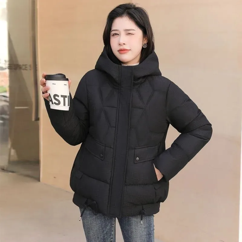 Korean Women Down Cotton Jacket 2023 Winter New Fashion Hooded Padded Outwear Pocket Casual Warm Coat Female Loose Clothes W066