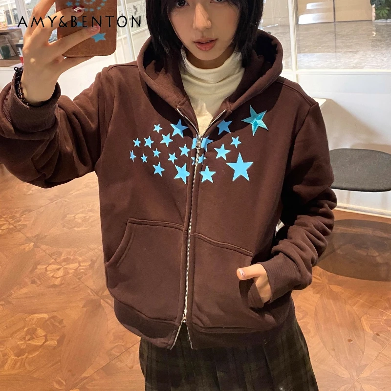 

American Retro Hooded Sweatshirt Women's Coat Autumn Winter New Design with Star Print Zipper Loose Fleece Sweatshirts Ladies