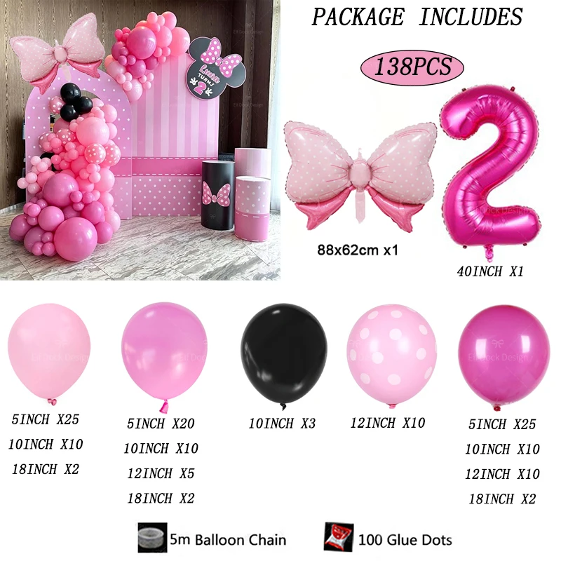 138-teiliges Cartoon Mini-Ballon-Girlanden-Set Rosa Schleifenballons Rosenrote Zahlen Mädchen Geburtstagsparty Deko Baby-Shower Geschenke Zubehör – Detail 2
