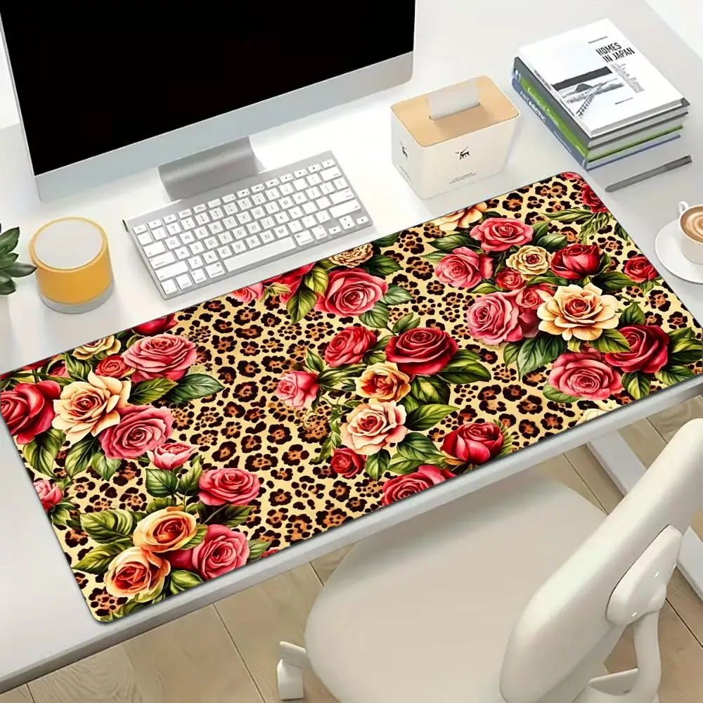 Vintage Leopard Rose Large Extended Gaming Mouse Pad Non Slip Desk Surface Retro Floral Print For Gaming And Office Desktop