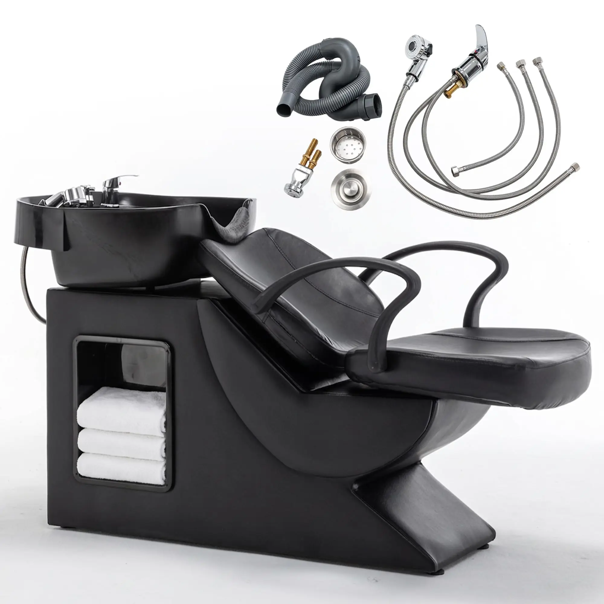 Salon Shampoo Bowl and Chair Set with Side Storage, 300lbs Heavy Duty Hair Washing Station, Deep ABS Basin with Neck
