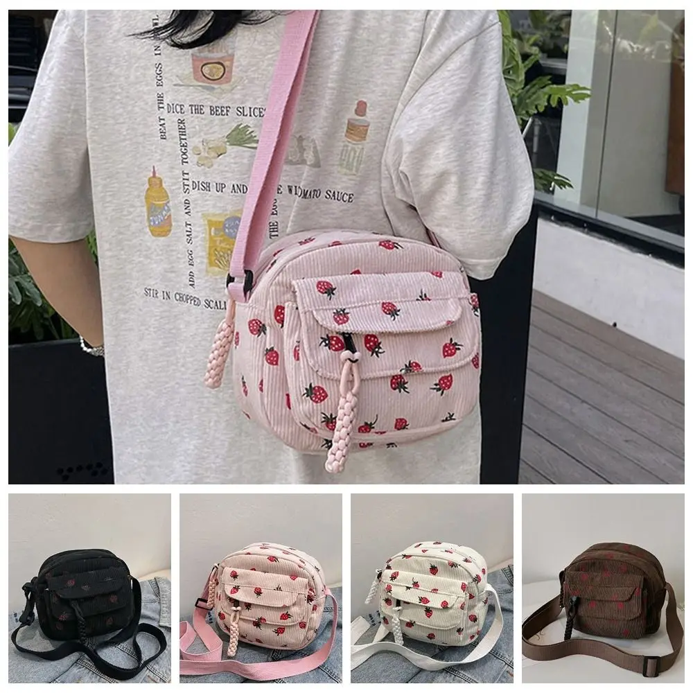 

Large Capacity Strawberry Crossbody Bag Zipper Korean Style Women Shoulder Bag Underarm Bag Phone Bag Corduroy Handbag Travel