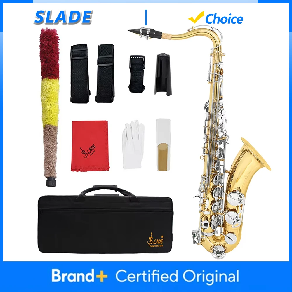 

SLADE тенор-саксофон, латунный корпус, Bb-саксофон, золотой, серебряный саксофон, деревянный духовой инструмент с футляром, язычки, перчатки, детали и аксессуары