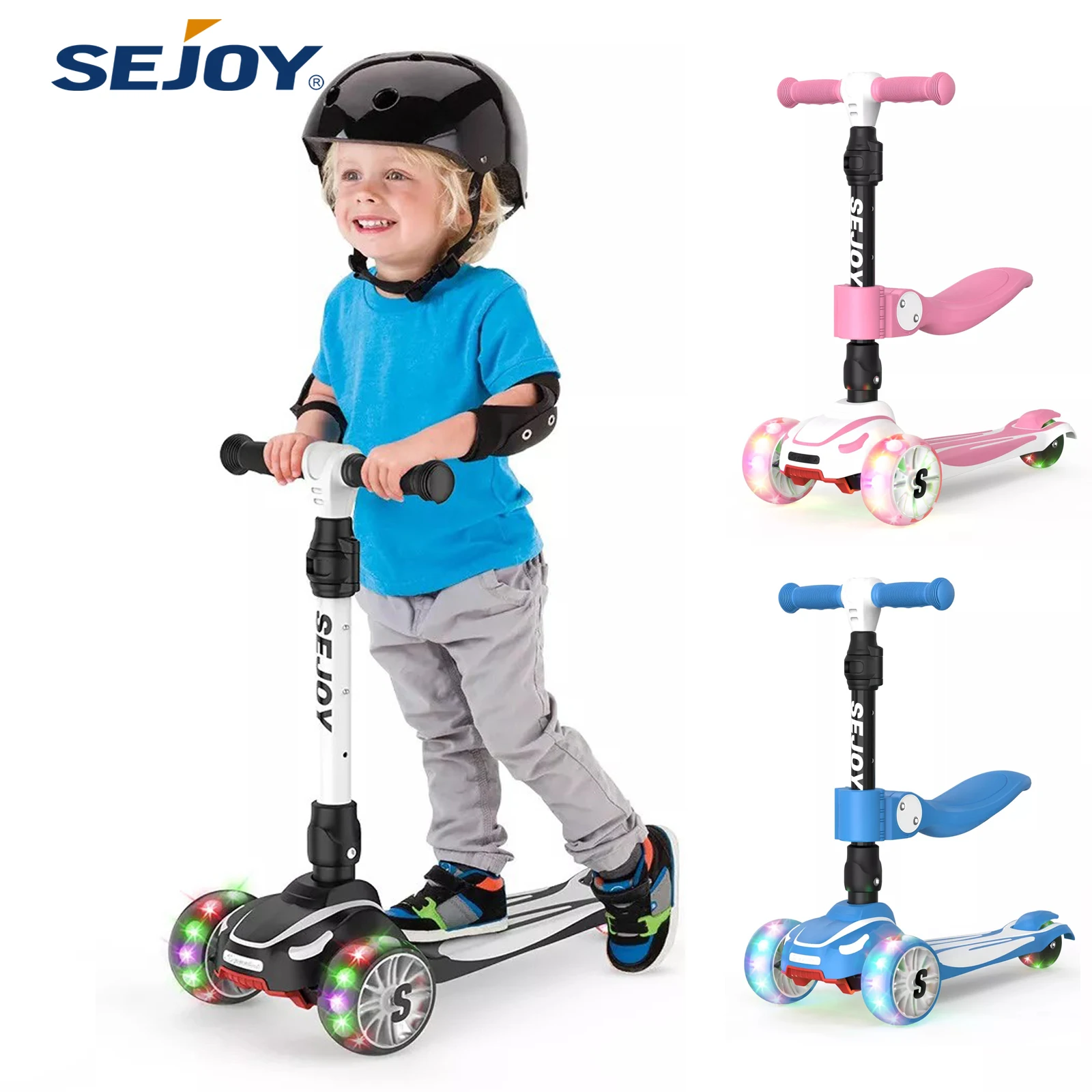 Sejoy Toddler Kick Scooter for Kids Childrens Foldable Seat Outside Bike Toy Scooter with Adjustable Height/Handlebars