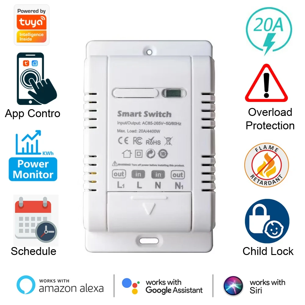 

1 PC Tuya WiFi 20A Smart Switch Circuit Breaker APP Remote Control Power Monitor Overload Protection Work With Alexa Google Home