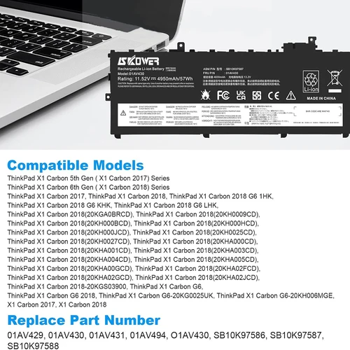 Imagen 2 del producto SKOWER 01AV431 Batería 01AV430 01AV494 para Lenovo ThinkPad X1 Carbon 5th 2017 6th 2018 Gen