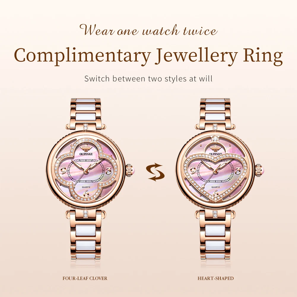 นาฬิกาข้อมือผู้หญิง OUPINKE 3272 ของแท้นำเข้าจากสวิส ระบบควอตซ์ ดีไซน์หรูหรา หน้าปัดเซรามิกสีชมพู กันน้ำ พร้อมชุดกำไลข้อมือ ของขวัญ