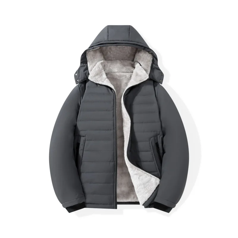 Men's Thickened Winter Fleece Jacket with Hood Lined Warm Casual Outerwear for Middle-Aged Men