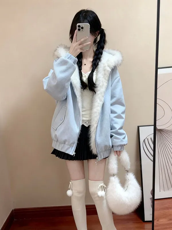 Women's Reversible Faux Fur Plush Coat Cute Girly Blue Cat Ears Hooded Furry Collar Winter Loose Ropa Mujer